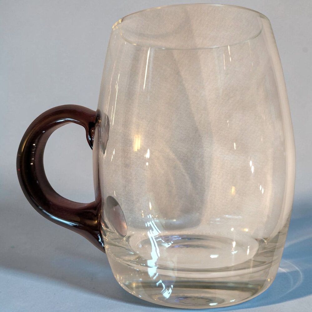 Hand BLOWN GLASS Mug Cup CLEAR Purple Handle 16oz VINTAGE Large 4.75”H